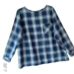 J JILL | NWOT LONG SLEEVE COTTON PLAID TOP BUTTON BACK NAVY BLUE WHITE SIZE: 1X